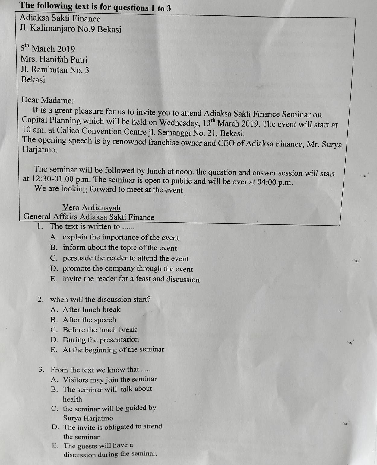Telah dijawab:The following text is for questions 1 to 3 Adiaksa Sakti ...