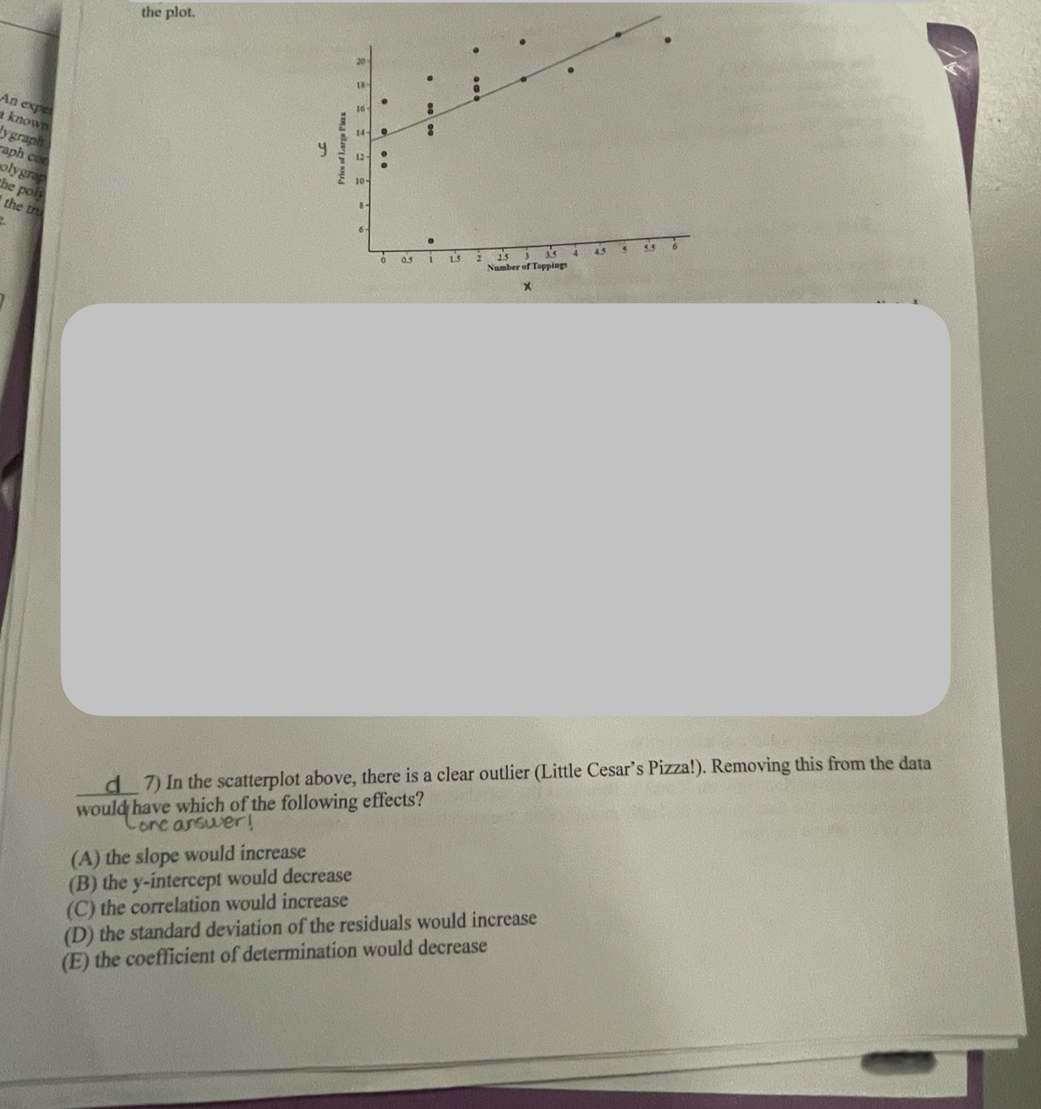 the plot.
An exper
known
ly graph
aph con
olygrap he po 
the tru
×
_d__ 7) In the scatterplot above, there is a clear outlier (Little Cesar's Pizza!). Removing this from the data
would have which of the following effects?
(A) the slope would increase
(B) the y-intercept would decrease
(C) the correlation would increase
(D) the standard deviation of the residuals would increase
(E) the coefficient of determination would decrease