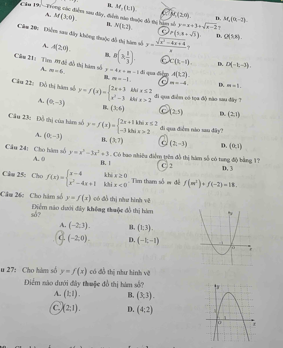 B. M_2(1;1). C M_3(2;0). D. M_4(0;-2).
Câu 19: Trong các điểm sau đây, điểm nào thuộc đồ thị hàm số y=x+3+sqrt(x-2) ?
A. M(3;0). B. N(1;2).
C P(5;8+sqrt(3)). D. Q(5;8).
Câu 20: Điểm sau đây không thuộc đồ thị hàm số y= (sqrt(x^2-4x+4))/x  ?
A. A(2;0). B. B(3; 1/3 ). C. C(1;-1).
D. D(-1;-3).
Câu 21: Tìm M đề đồ thị hàm số y=4x+m-1 đi qua điểm A(1;2).
A. m=6.
B. m=-1. C m=-4. D. m=1.
Câu 22: Đồ thị hàm số y=f(x)=beginarrayl 2x+3khix≤ 2 x^2-3khix>2endarray. đi qua điểm có tọa độ nào sau đây ?
A. (0;-3)
B. (3;6)
C (2;5)
D. (2;1)
Câu 23: :Đồ thị của hàm số y=f(x)=beginarrayl 2x+1khix≤ 2 -3khix>2endarray. đi qua điểm nào sau đây?
A. (0;-3)
B. (3;7)
C (2;-3)
D. (0;1)
Câu 24: Cho hàm số y=x^3-3x^2+3. Có bao nhiêu điểm trên đồ thị hàm số có tung độ bằng 1?
A. 0 B. 1
C. 2 D. 3
kh
Câu 25: Cho f(x)=beginarrayl x-4 x^2-4x+1endarray. kh beginarrayr ix≥ 0 ix<0endarray. Tìm tham shat o m đề f(m^2)+f(-2)=18.
Câu 26: Cho hàm số y=f(x) có đồ thị như hình vẽ
Điểm nào dưới đây không thuộc đồ thị hàm
số?
A. (-2;3). B. (1;3).
C. (-2;0). (-1;-1)
D.
u 27: Cho hàm số y=f(x) có đồ thị như hình vẽ
Điểm nào dưới đây thuộc đồ thị hàm số?
A. (1;1). B. (3;3).
C. (2;1). D. (4;2)