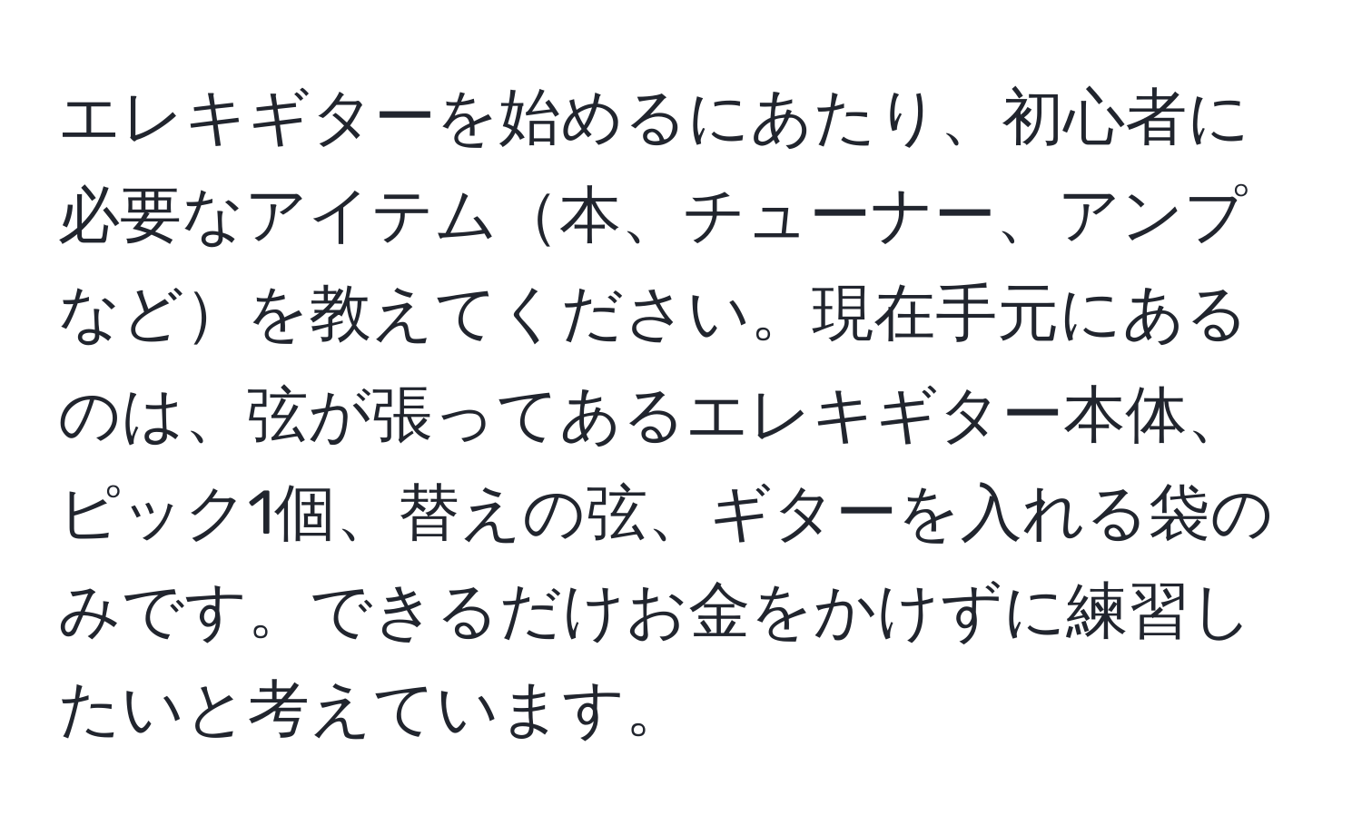 エレキギターを始めるにあたり、初心者に必要なアイテム本、チューナー、アンプなどを教えてください。現在手元にあるのは、弦が張ってあるエレキギター本体、ピック1個、替えの弦、ギターを入れる袋のみです。できるだけお金をかけずに練習したいと考えています。