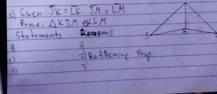 Given overline JK=overline LK· overline JM=overline LM
Prove. △ KJM =△ KL M 
Statements rsons 
2 RefPexive Prop. 
37 
3