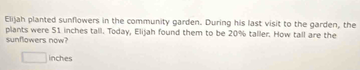 Elijah planted sunflowers in the community garden. During his last visit to the garden, the 
plants were 51 inches tall. Today, Elijah found them to be 20% taller. How tall are the 
sunflowers now?
□ inches