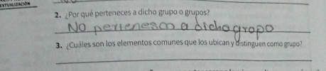 extualización 
_ 
2.¿Por qué perteneces a dicho grupo o grupos? 
_ 
3. ¿Cuáles son los elementos comunes que los ubican y distinguen como grupo? 
_