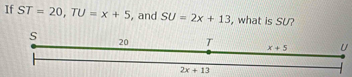 If ST=20,TU=x+5 , and SU=2x+13 , what is SU?
U