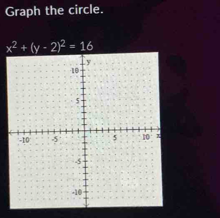 Graph the circle.
x^2+(y-2)^2=16