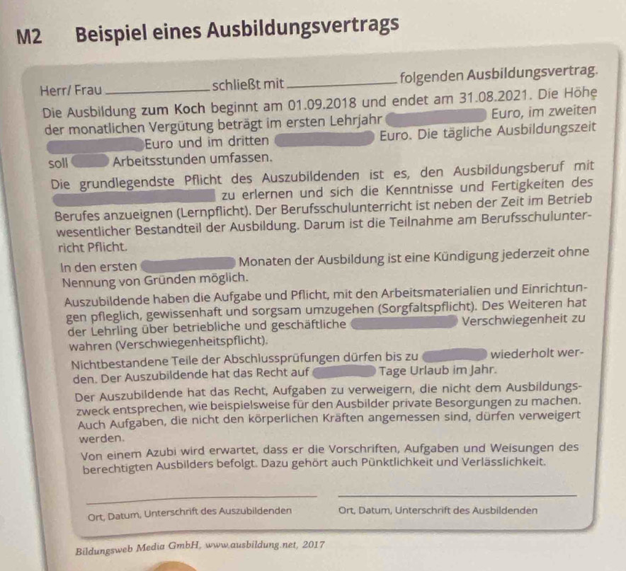 M2 Beispiel eines Ausbildungsvertrags
Herr/ Frau _schließt mit_ folgenden Ausbildungsvertrag.
Die Ausbildung zum Koch beginnt am 01.09.2018 und endet am 31.08.2021. Die Höhe
der monatlichen Vergütung beträgt im ersten Lehrjahr Euro, im zweiten
Euro und im dritten Euro. Die tägliche Ausbildungszeit
soll Arbeitsstunden umfassen.
Die grundlegendste Pflicht des Auszubildenden ist es, den Ausbildungsberuf mit
zu erlernen und sich die Kenntnisse und Fertigkeiten des
Berufes anzueignen (Lernpflicht). Der Berufsschulunterricht ist neben der Zeit im Betrieb
wesentlicher Bestandteil der Ausbildung. Darum ist die Teilnahme am Berufsschulunter-
richt Pflicht.
In den ersten Monaten der Ausbildung ist eine Kündigung jederzeit ohne
Nennung von Gründen möglich.
Auszubildende haben die Aufgabe und Pflicht, mit den Arbeitsmaterialien und Einrichtun-
gen pfleglich, gewissenhaft und sorgsam umzugehen (Sorgfaltspflicht). Des Weiteren hat
der Lehrling über betriebliche und geschäftliche Verschwiegenheit zu
wahren (Verschwiegenheitspflicht).
Nichtbestandene Teile der Abschlussprüfungen dürfen bis zu wiederholt wer-
den. Der Auszubildende hat das Recht auf Tage Urlaub im Jahr.
Der Auszubildende hat das Recht, Aufgaben zu verweigern, die nicht dem Ausbildungs-
zweck entsprechen, wie beispielsweise für den Ausbilder private Besorgungen zu machen.
Auch Aufgaben, die nicht den körperlichen Kräften angemessen sind, dürfen verweigert
werden.
Von einem Azubi wird erwartet, dass er die Vorschriften, Aufgaben und Weisungen des
berechtigten Ausbilders befolgt. Dazu gehört auch Pünktlichkeit und Verlässlichkeit.
_
_
Ort, Datum, Unterschrift des Auszubildenden Ort, Datum, Unterschrift des Ausbildenden
Bildungsweb Media GmbH, www.ausbildung.net, 2017