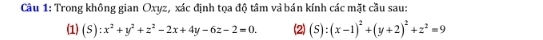 Trong không gian Oxyz, xác định tọa độ tâm và bán kính các mặt cầu sau:
(1) (S):x^2+y^2+z^2-2x+4y-6z-2=0. (2) (S):(x-1)^2+(y+2)^2+z^2=9