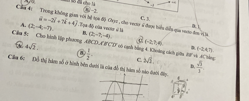 A0. um số đã cho là
+∞
-3
B −2.
vector u=-2vector i+7vector k+4vector j
C. 3.
Cầu 4: Trong không gian với hệ tọa độ Oxyz , cho vectơ # được biểu diễn qua vecto đơn vị là
D. 1.
A. (2;-4;-7). Tọa độ của vectơ # là
B. (2;-7;-4). a (-2;7;4). (-2;4;7). 
A 4sqrt(2). 
Câu 5: Cho hình lập phương ABCD. A'B'C'D' có cạnh bằng 4. Khoảng cách giữa BB' và AC bằng:
B.  1/2 .
D.
C. 2sqrt(2).
D.  sqrt(3)/3 . 
Câu 6: Đồ thị hàm số ở hình bên dưới là của đồ thị hàm số nới đây.
a C
C
4) D