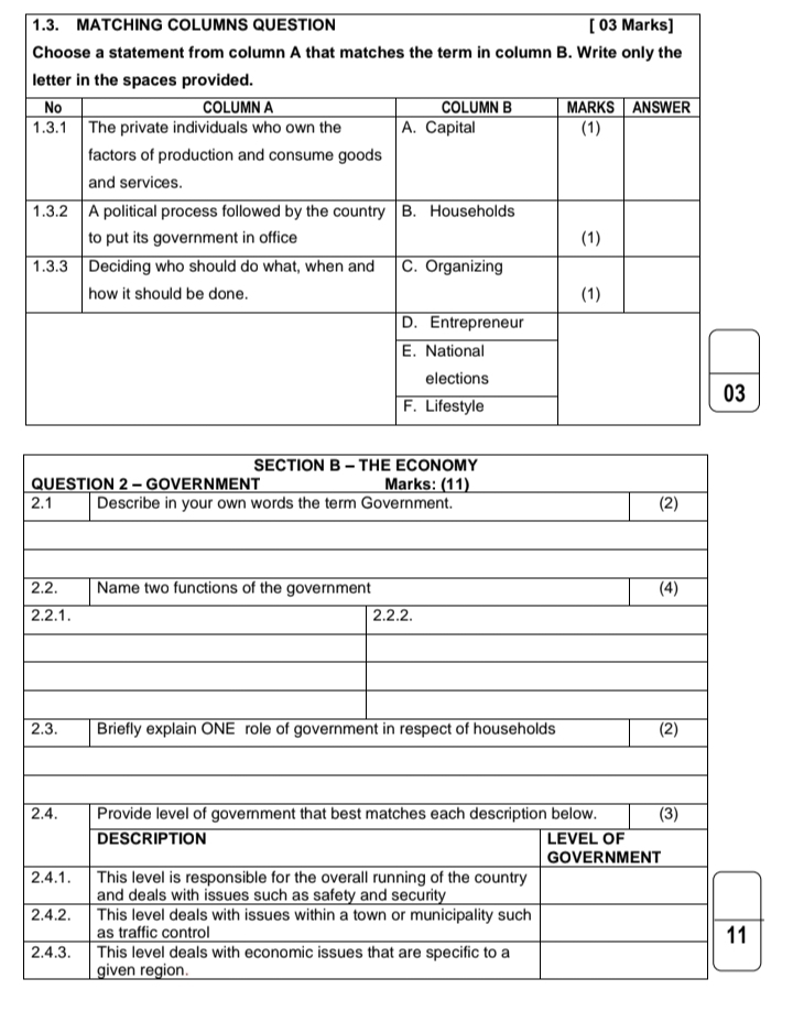 MATCHING COLUMNS QUESTION [ 03 Marks]