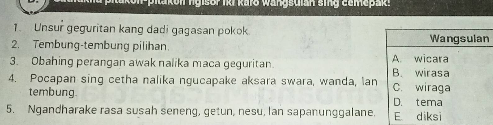 Rakon-pitakon ngisor iki karo Wangsulan sing cemepak. 
1. Unsur geguritan kang dadi gagasan pokok. 
2. Tembung-tembung pilihan. 
3. Obahing perangan awak nalika maca geguritan. 
4. Pocapan sing cetha nalika ngucapake aksara swara, wanda, lan 
tembung. 
5. Ngandharake rasa susah seneng, getun, nesu, lan sapanunggalane.