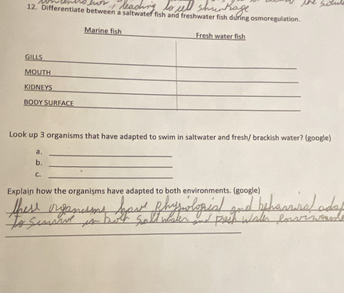 Differentiate between a saltwater fish and freshwater fish during osmoregulation. 
Look up 3 organisms that have adapted to swim in saltwater and fresh/ brackish water? (google) 
a._ 
b. 
_ 
C._ 
Explain how the organişms have adapted to both environments. (google) 
_ 
_ 
_