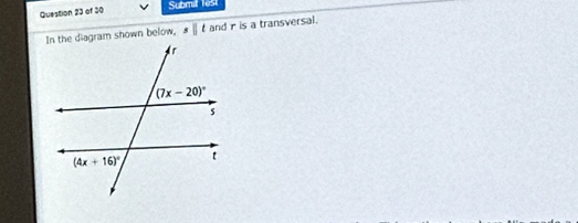 Submill lest
In the diagram shown below, overline parallel t and r is a transversal.