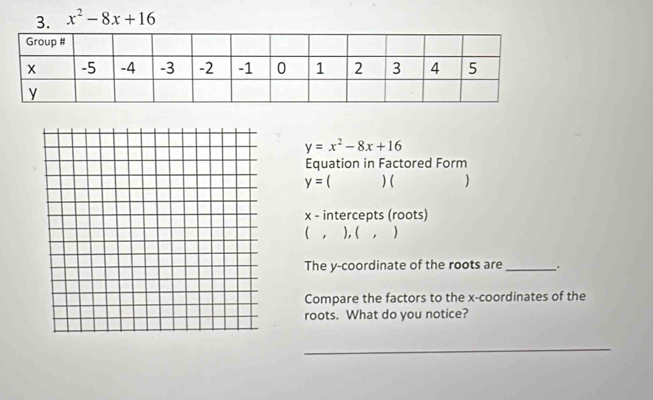 x^2-8x+16
y=x^2-8x+16
Equation in Factored Form
y= ( ) (
x - intercepts (roots)
( , ), ( , )
The y-coordinate of the roots are _、.
Compare the factors to the x-coordinates of the
roots. What do you notice?
_