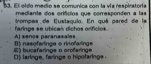 El oído medio se comunica con la vía respiratoría
mediante dos orifícios que corresponden a las
trompas de Eustaquio. En qué pared de la
faringe se ubican dichos orificios.
A) senos paranasales
B) nasofaringe o rinofaringe
C) bucafaringe o orofaringe
D) laringe, faringe o hipofaringe .