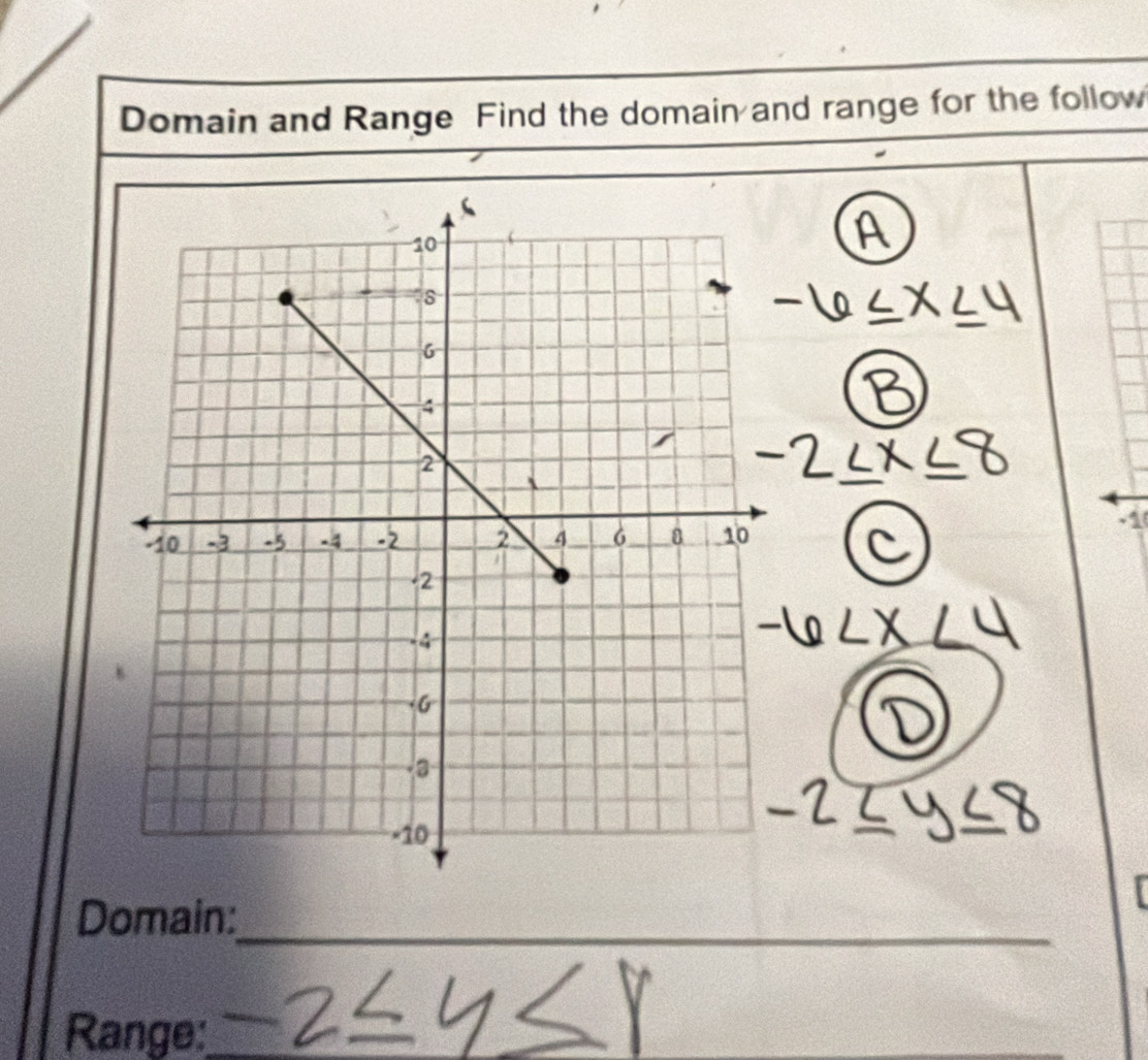 Domain and Range Find the domain and range for the follow 
Domain:_ 
Range:_