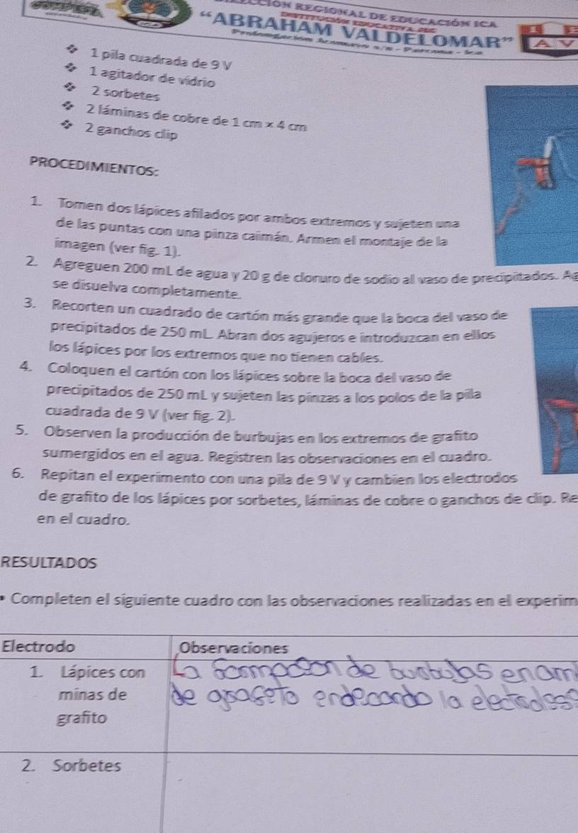 Ición Regional de educación ICa 
Dn tu cóó ilpocat a 2 
“ABRAHAM VALDÊLOMAR” 
D e te 
1 pila cuadrada de 9 V 
1 agitador de vídrio 
◆ 2 sorbetes 
* 2 láminas de cobre de 1cm* 4cm
◆ 2 ganchos clip 
PROCEDIMIENTOS: 
1. Tomen dos lápices afilados por ambos extremos y sujeten una 
de las puntas con una pinza caimán. Armen el montaje de la 
iragen (ver fig. 1). 
2. Agreguen 200 mL de agua y 20 g de cloruro de sodio all vaso de precipitados. A 
se disuelva completamente. 
3. Recorten un cuadrado de cartón más grande que la boca del vaso de 
precipitados de 250 mL Abran dos agujeros e introduzcan en ellos 
los lápices por los extremos que no tienen cables. 
4. Coloquen el cartón con los lápices sobre la boca del vaso de 
precipitados de 250 mL y sujeten las pínzas a los polos de la pílla 
cuadrada de 9 V (ver fig. 2). 
5. Observen la producción de burbujas en los extremos de grafito 
sumergidos en el agua. Registren las observaciones en el cuadro. 
6. Repitan el experimento con una pila de 9V y cambien los electrodos 
de grafito de los lápices por sorbetes, láminas de cobre o ganchos de clip. Re 
en el cuadro. 
RESULTADOS 
Completen el siguiente cuadro con las observaciones realizadas en el experim 
Electrodo Observaciones 
1. Lápices con 
minas de 
grafito 
2. Sorbetes