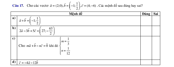 Cho các vectơ vector a=(2;0),vector b=(-1; 1/2 ),vector c=(4;-6). Các mệnh đề sau đúng hay sai?