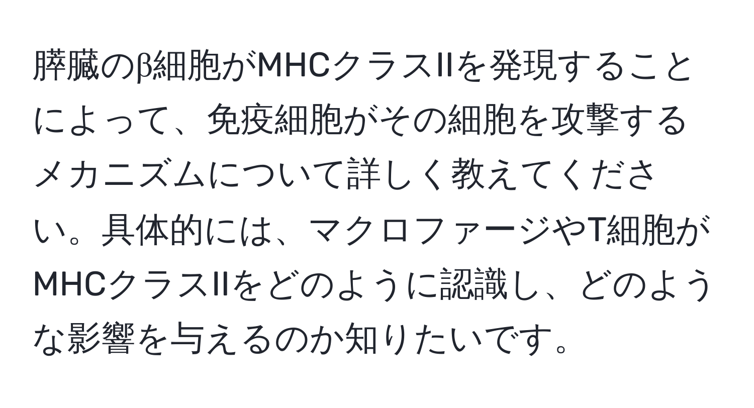 膵臓のβ細胞がMHCクラスIIを発現することによって、免疫細胞がその細胞を攻撃するメカニズムについて詳しく教えてください。具体的には、マクロファージやT細胞がMHCクラスIIをどのように認識し、どのような影響を与えるのか知りたいです。