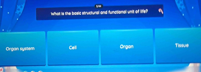 What is the basic structural and functional unit of life?
Organ system Cell Organ Tissue