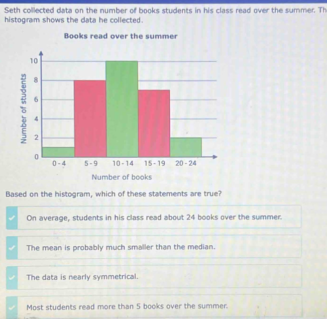 Seth collected data on the number of books students in his class read over the summer. Th
histogram shows the data he collected.
Based on the histogram, which of these statements are true?
On average, students in his class read about 24 books over the summer.
The mean is probably much smaller than the median.
The data is nearly symmetrical.
Most students read more than 5 books over the summer.