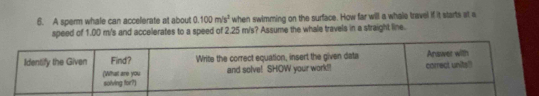 A sperm whale can accelerate at about 0.100m/s^2 when swimming on the surface. How far will a whale travel if it starts at a 
speed of 1.00 m/s and accelerates to a speed of 2.25 m/s? Assume the whale travels in a straight line.