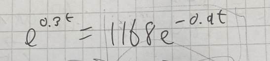 e^(0.3t)=1168e^(-0.9t)