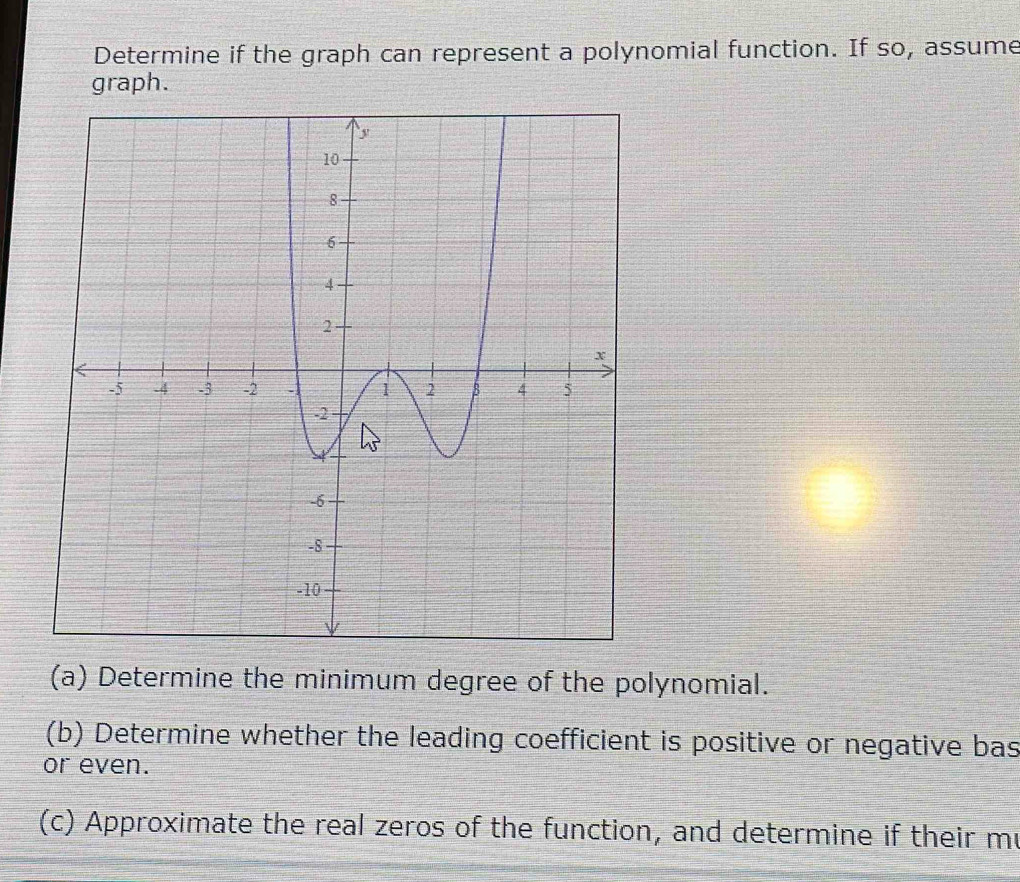 Determine if the graph can represent a polynomial function. If so, assume 
graph. 
(a) Determine the minimum degree of the polynomial. 
(b) Determine whether the leading coefficient is positive or negative bas 
or even. 
(c) Approximate the real zeros of the function, and determine if their mu