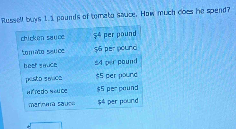 Russell buys 1.1 pounds of tomato sauce. How much does he spend?