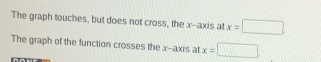 The graph touches, but does not cross, the x --axis at x=□
The graph of the function crosses the x --axis at x=□