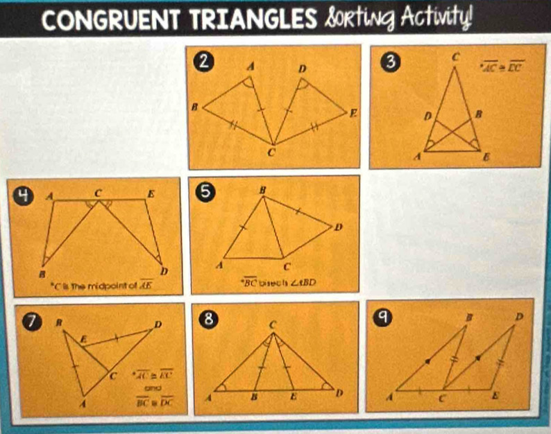 CONGRUENT TRIANGLES SoRting Activity!
③
overline AC≌ overline DC

*C is the midpoint of 
a