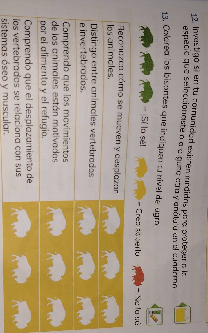 Investiga si en tu comunidad existen medidas para proteger a la 
especie que seleccionaste o a alguna otra y anótala en el cuaderno. 
13. Colorea los bisontes que indiquen tu nivel de logro. 
= ¡Sí lo sé! = Creo saberlo 
= No lo sé 
sistemas óseo y muscular.