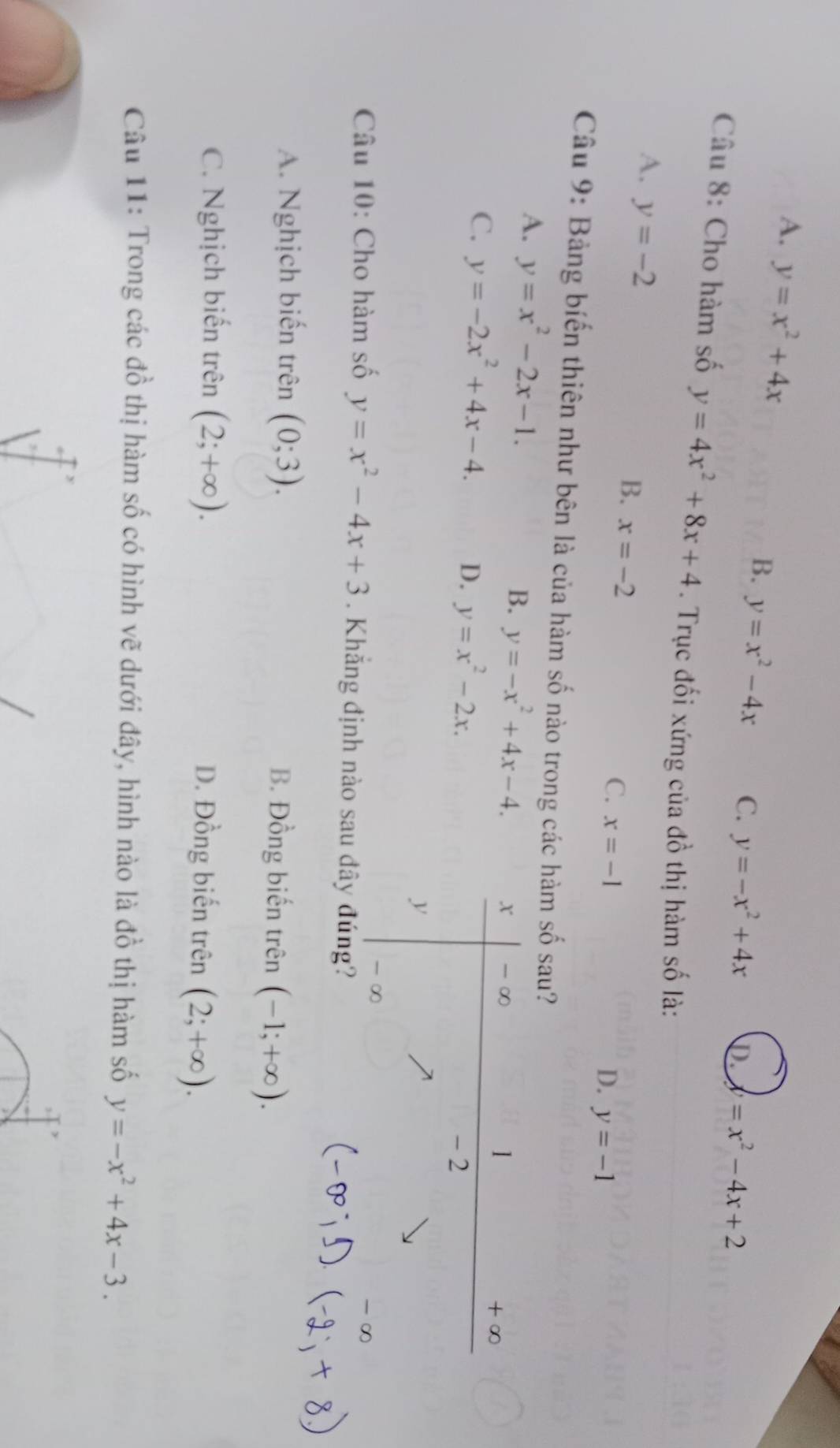 A. y=x^2+4x
B. y=x^2-4x C. y=-x^2+4x D. y=x^2-4x+2
Câu 8: Cho hàm số y=4x^2+8x+4. Trục đối xứng của 46 6 thị hàm số là:
A. y=-2
B. x=-2
C. x=-1
D. y=-1
Câu 9: Bảng biến thiên như bên là của hàm số nào trong các hàm số sau?
A. y=x^2-2x-1.
B. y=-x^2+4x-4.
C. y=-2x^2+4x-4. D. y=x^2-2x. 
Câu 10: Cho hàm số y=x^2-4x+3. Khẳng định nào sau đây đúng?
A. Nghịch biến trên (0;3). B. Đồng biến trên (-1;+∈fty ).
C. Nghịch biến trên (2;+∈fty ). D. Đồng biến trên (2;+∈fty ). 
Câu 11: Trong các đồ thị hàm số có hình vẽ dưới đây, hình nào là đồ thị hàm số y=-x^2+4x-3.