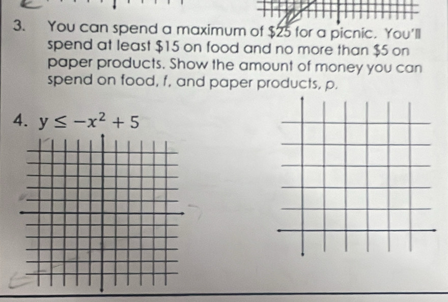 You can spend a maximum of $25 for a picnic. You'll 
spend at least $15 on food and no more than $5 on 
paper products. Show the amount of money you can 
spend on food, f, and paper products, p. 
4. y≤ -x^2+5