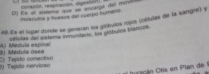 Su funcio
corazón, respiración, digestión), a
D) Es el sistema que se encarga del movi'''
músculos y huesos del cuerpo humano.
49. Es el lugar donde se generan los glóbulos rojos (células de la sangre) y
células del sistema inmunitario, los glóbulos blancos.
A) Médula espinal
B) Médula ósea
C) Tejido conectivo
) Tejido nervioso
huracán Otis en Plan de I