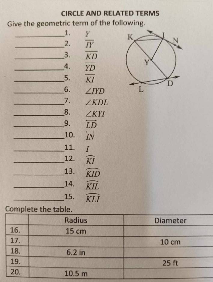 CIRCLE AND RELATED TERMS 
Give the geometric term of the following. 
1. 
_2.  Y/IY 
_3. overline KD
__4. overline YD
__5. overline KI
__6. ∠ IYD
_7. ∠ KDL
__8. ∠ KYI
__9. overleftrightarrow LD
__10. overleftrightarrow IN
_11. I
_12. widehat KI
_13. widehat KID
_14. widehat KIL
_15. widehat KLI
Complete the table.