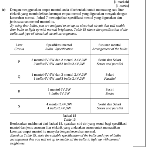 [1 markah] 
[1 marks] 
(c) Dengan menggunakan empat mentol, anda dikehendaki untuk memasang satu litar 
elektrik yang membolehkan keempat-empat mentol yang digunakan menyala dengan 
kecerahan normal. Jadual 7 menunjukkan spesifikasi mentol yang digunakan dan 
jenis susunan mentol-mentol itu. 
By using four bulbs, you are assigned to set up an electrical circuit that will enable 
four bulbs to light up with normal brightness. Table 15 shows the specification of the 
bulbs and type of electrical circuit arrangement. 
Table 15
Berdasarkan maklumat dari Jadual 15, nyatakan ciri-ciri yang sesuai bagi spesifikasi 
mentol dan jenis susunan litar elektrik yang anda akan susun untuk memastikan 
keempat-empat mentol itu menyala dengan kecerahan normal. 
Based on Table 15, state the suitable specification of the bulbs and type of bulbs 
arrangement that you will set up to enable all the bulbs to light up with normal 
brightness.