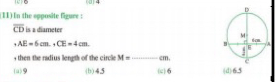 (0)4
(11) In the opposite figure :
overline CD is a diameter
, AE=6cm., CE=4cm. 
, then the radius length of the circle M= _ cm,
(u) 9 (b) 45 (c) 6 (d) 6.5