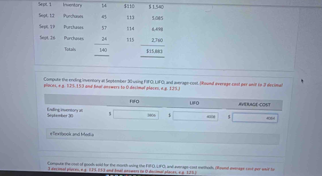 Sept. 1 Inventory 14 $110 $ 1,540
Sept. 12 Purchases 45 113 5,085
Sept. 19 Purchases 114
Sept. 26 Purchases beginarrayr 57 24 140 hline endarray 115 beginarrayr 6.498 2.760 hline 515.683 hline endarray
Totals
Compute the ending inventory at September 30 using FIFO, LIFO, and average-cost. (Round average cost per unit to 3 decimal
places, e.g. 125.153 and final answers to 0 decimal places, e.g. 125.)
FIFO LIFO AVERAGE-COST
Ending inventory at $
September 30 3806 $ 4008 $
4084
eTextbook and Media
Compute the cost of goods sold for the month using the FIFO, LIFO, and average-cost methods. (Round average cast per unit to
3 decimal places, e.g. 125.153 and final answers to 0 decimal places, e.g. 125.)