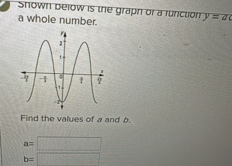 Shown below is the graph or a runction y=ac
a whole number.
Find the values of a and b.
a=□
b=□