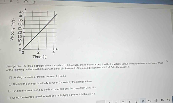 × ①
An object travels along a straight line across a horizontal surface, and its motion is described by the velocity versus time graph shown in the figure. Which
of the following methods will determine the total displacement of the object between 0s and 2 s? Select two answers.
Finding the slope of the line between 0s to 4 s
Dividing the change in velocity between 0s to 4 s by the change in time
Finding the area bound by the horizontal axis and the curve from 0s to 4 s
Using the average speed formula and multiplying it by the total time of 4 s
7 8 9 10 11 12 13 14