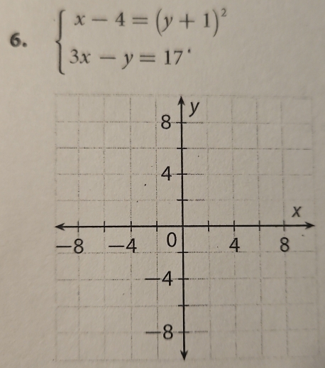 beginarrayl x-4=(y+1)^2 3x-y=17endarray.