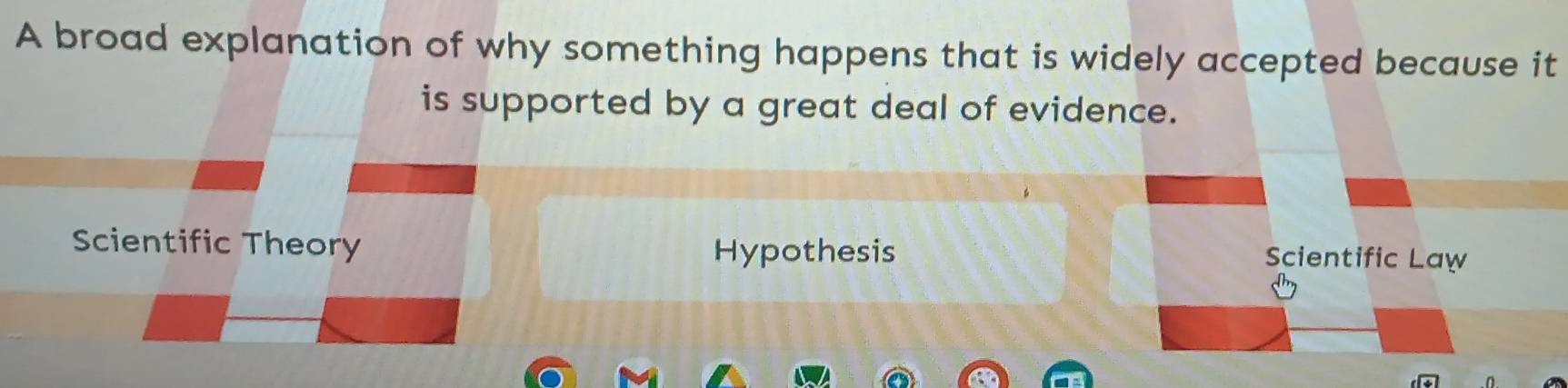 A broad explanation of why something happens that is widely accepted because it
is supported by a great deal of evidence.
Scientific Theory Hypothesis Scientific Law