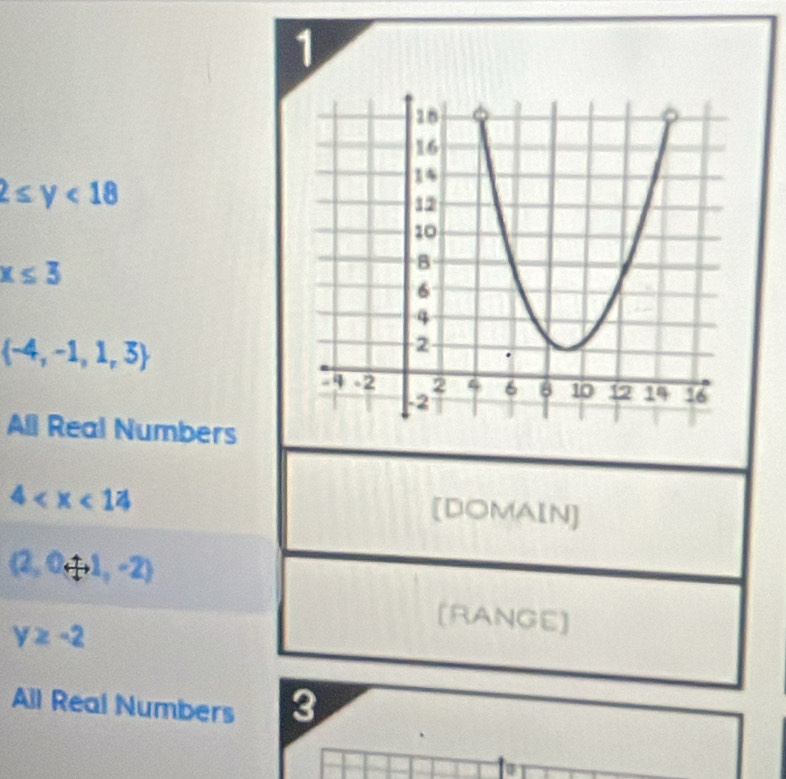 1
2≤ y<18</tex>
x≤ 3
 -4,-1,1,3
All Real Numbers
4
[DOMAIN]
(2,0+1,-2)
y≥ -2
[RANGE] 
All Real Numbers 3