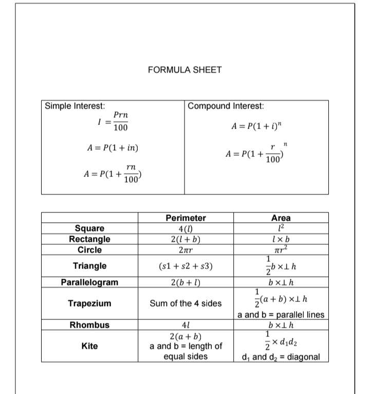 FORMULA SHEET