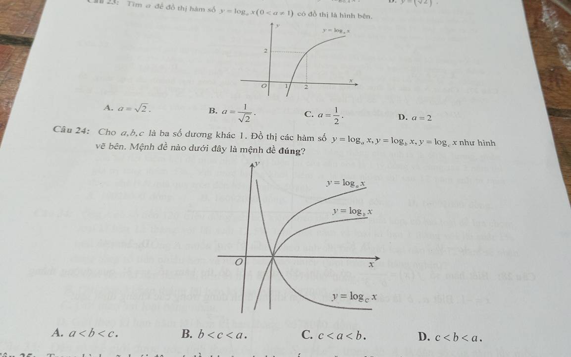 y=(sqrt(2)).
J 23: Tim a đề đồ thị hàm số y=log _ax(0 có đồ thị là hình bên.
A. a=sqrt(2).
B. a= 1/sqrt(2) . C. a= 1/2 . a=2
D.
Câu 24: Cho a,b,c là ba số dương khác 1. Đồ thị các hàm số y=log _ax,y=log _bx,y=log _cx như hình
vẽ bên. Mệnh đề nào dưới đây là mệnh đề đúng?
A. a B. b C. c D. c