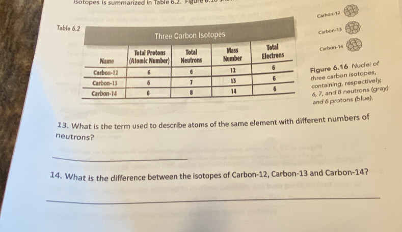 isotopes is summarized in Table 6.2. Figu e 
Carbon- 12
Tab 
Carbon- 13
Carbon- 14
igure 6.16 Nuclei of 
hree carbon isotopes, 
containing, respectively,
6, 7, and 8 neutrons (gray) 
and 6 protons (blue). 
13. What is the term used to describe atoms of the same element with different numbers of 
neutrons? 
_ 
14. What is the difference between the isotopes of Carbon- 12, Carbon- 13 and Carbon- 14? 
_