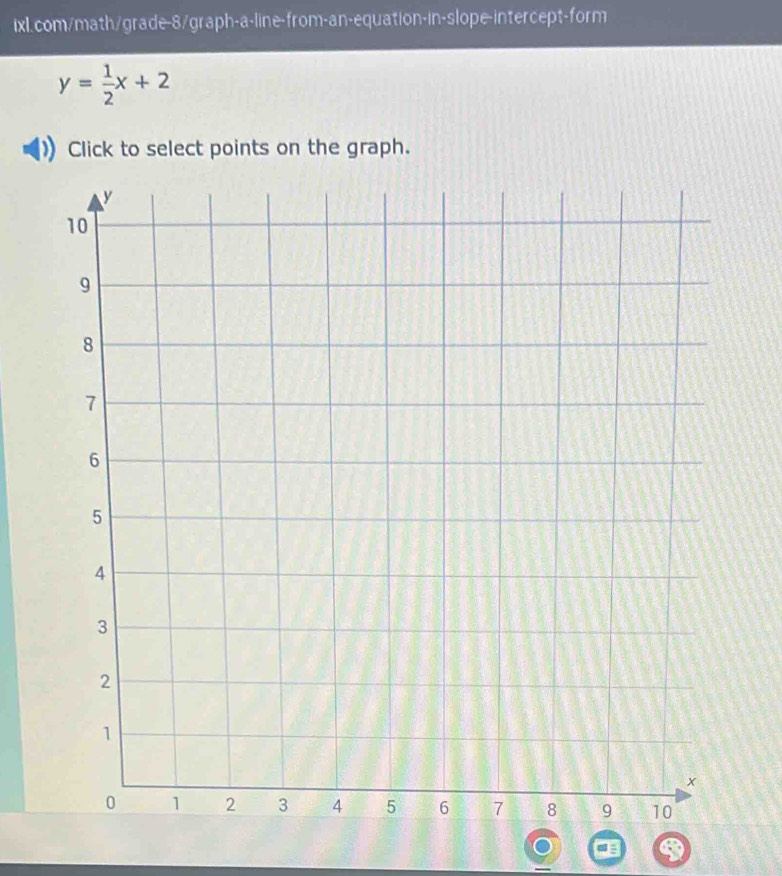 y= 1/2 x+2
Click to select points on the graph.