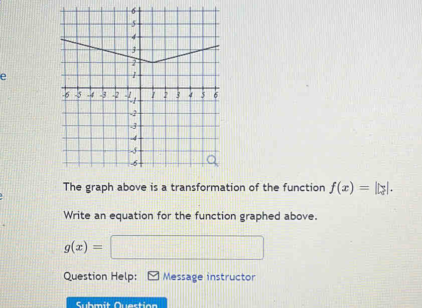 The graph above is a transformation of the function f(x)=||y|. 
Write an equation for the function graphed above.
g(x)=
Question Help: Message instructor
Submit Question