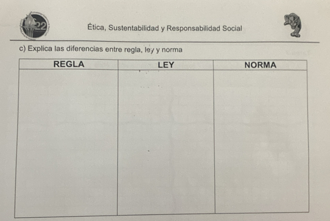 Ética, Sustentabilidad y Responsabilidad Social 
c) Explica las diferencias entre regla, ley y norma