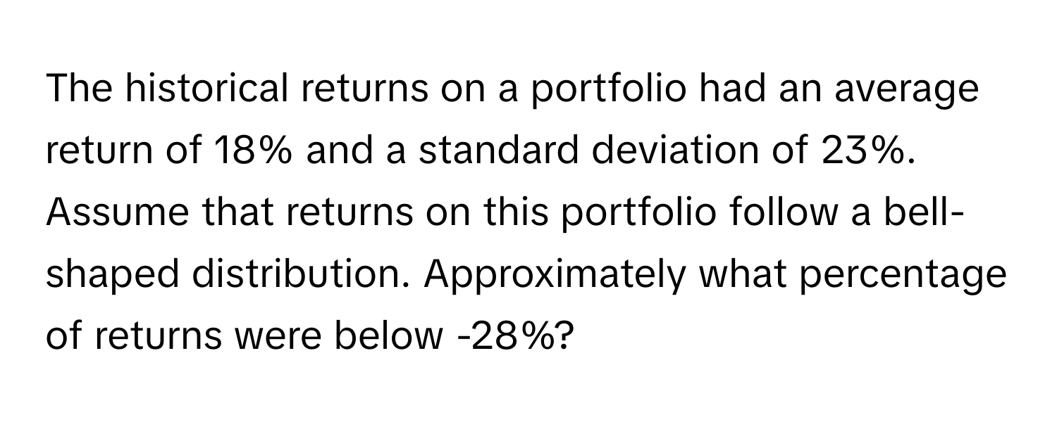 The historical returns on a portfolio had an average return of 18% and a standard deviation of 23%. Assume that returns on this portfolio follow a bell-shaped distribution. Approximately what percentage of returns were below -28%?